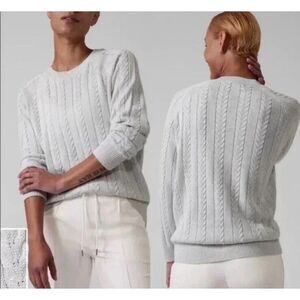 Athleta Crossroads Crew Cable Knit‎ Wool Sweater Decadent Silver Women M 2021